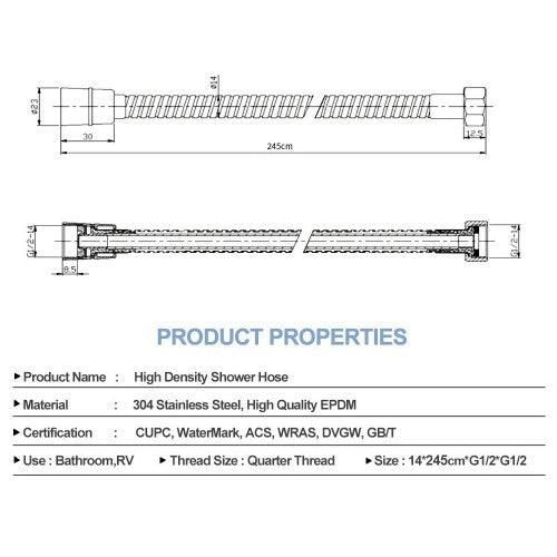 INTEXCA Extra Long Shower Hose 2.45 Meters/ 96 Inches/ 8 Ft. Flexible 304 Stainless Steel Extra Long with Brass Fittings - Polished Chrome - Toytexx INTEXCA Extra Long Shower Hose 2.45 Meters/ 96 Inches/ 8 Ft. Flexible 304 Stainless Steel Extra Long with Brass Fittings - Polished Chrome - Toytexx